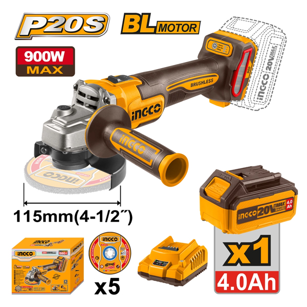 AMOLADORA ANGULAR 115MM A 1/2 PULGADA A BATERIA P20S 20V BRUSHLESS + 5 DISCOS + BATERIA                                                               