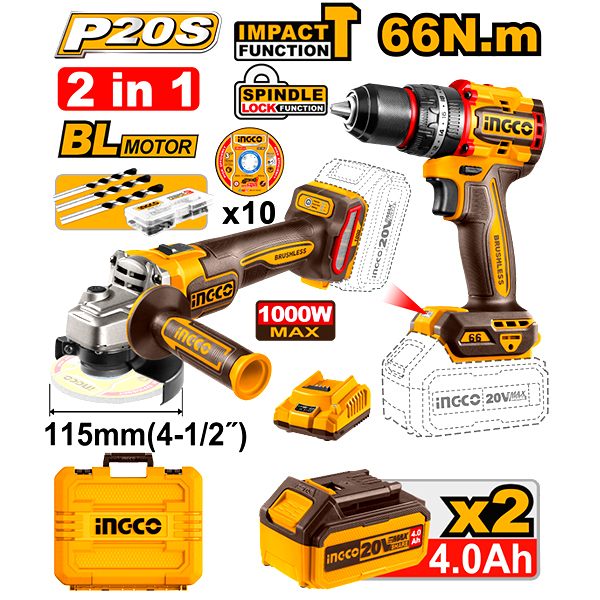 COMBO ATORNILLADOR 20V CON PERCUTOR + AMOLADORA 20V                                                                                                   