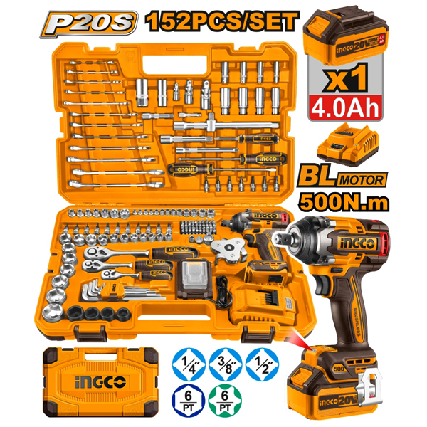 KIT SET 152 HERRAMIENTAS COMBINADAS C/LLAVE DE IMPACTO P20S 500NM CON BATERIA + CARGADOR                                                              