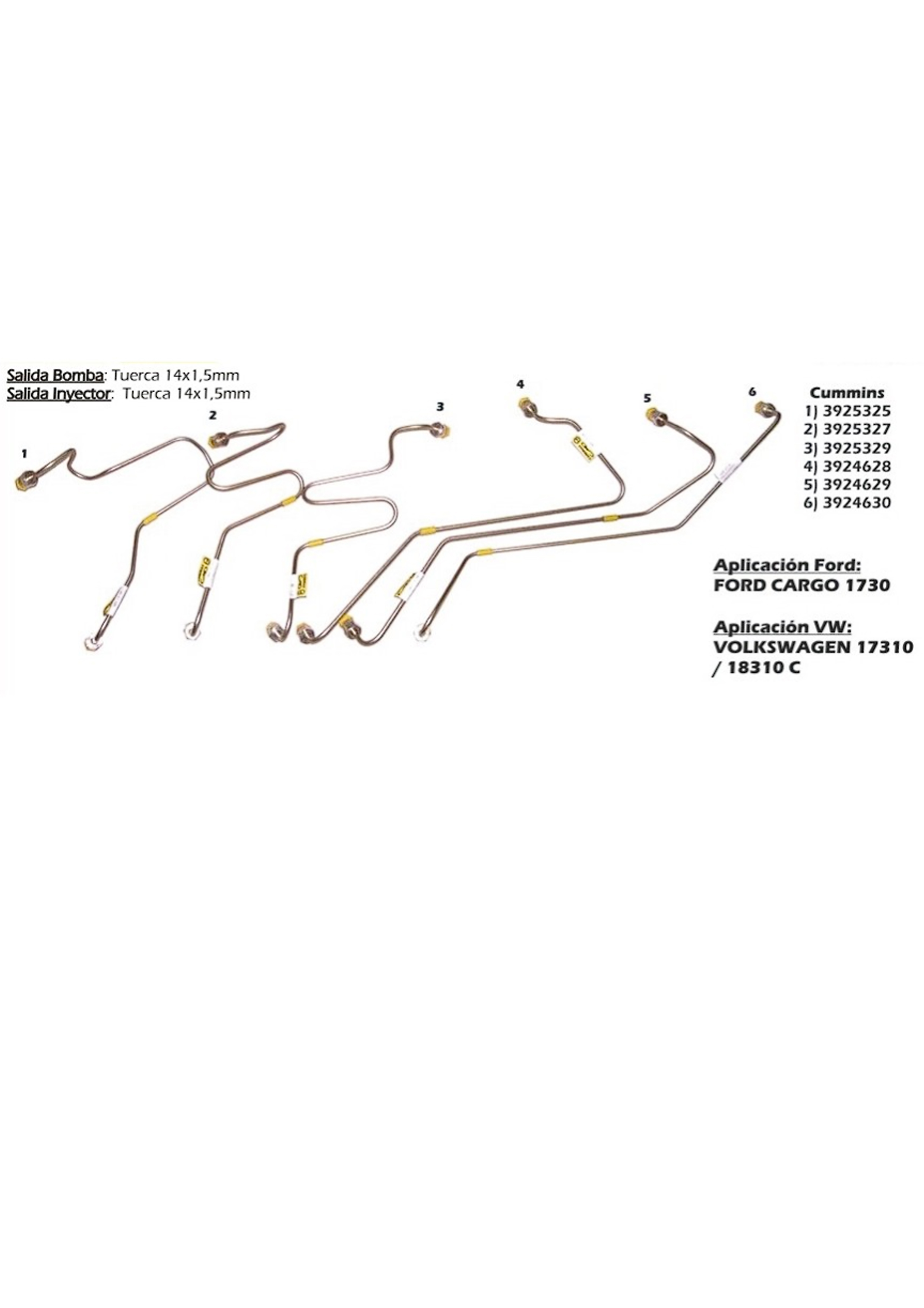 KIT CONJUNTO CAÑOS TUBERIAS DE INYERCCION CUMMINS 6CT VW FORD 17310/18310 TUERCA 14X1.5 CMD ARGENTINA                                                 