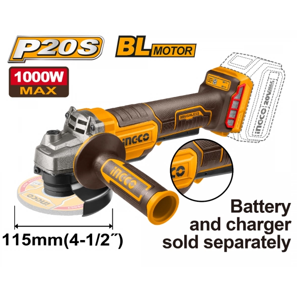 AMOLADORA A BATERIA 20V 920S 4 1/2 PULGADAS SIN BATERIA BRUSHLESS CON INTERRUPTOR DE SEGURIDAD INGCO                                                  