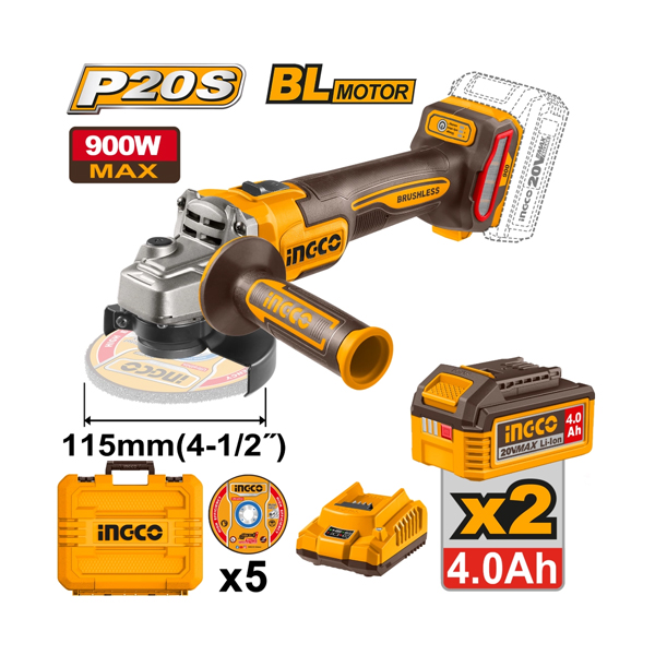 AMOLADORA ANGULAR A BATERIA 115MM 41/2 PULGADAS P20S 20V BRUSHLESS + 5 DISCOS +2 BATERIAS                                                             