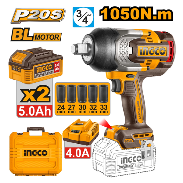 LLAVE IMPACTO A BATERIA P20S 20V BRUSHLESS 3/4 1050NM CON 2 BATERIAS + CARGADOR INGCO                                                                 