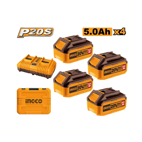 SET X 4 BATERIAS 5AH + CARGADOR DOBLE + VALIJA INGCO                                                                                                  