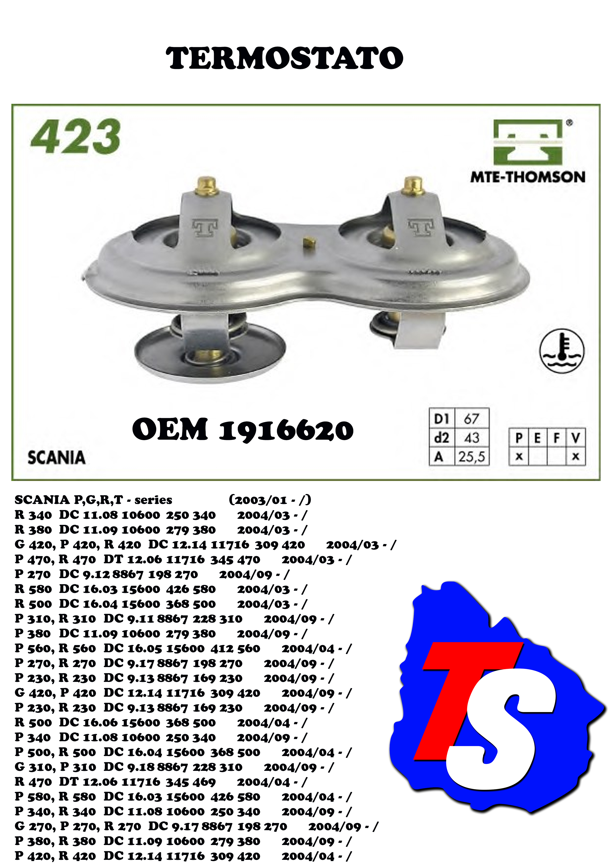 TERMOSTATO SCANIA DC9 8.9 1916620                                                                                                                     