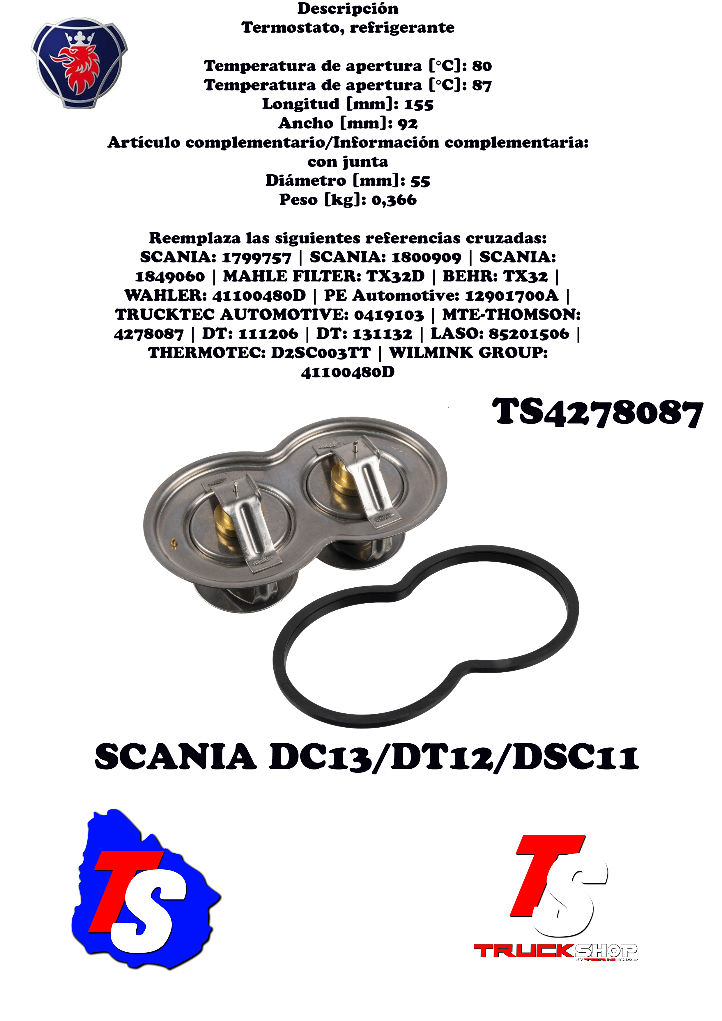 TERMOSTATO SCANIA DC11/DC12/DC13/DT12 1849060                                                                                                         